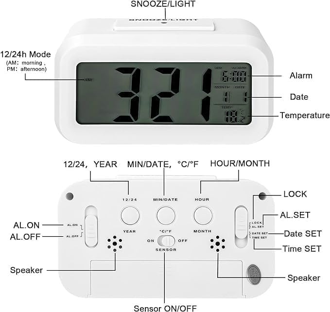 xyno Digital Alarm Clock for Kids & Adults | Battery Operated Clock with Night Light & Indoor Temperature Display | Compact Bedside Table Clock with Cute Funny Box (White) 1