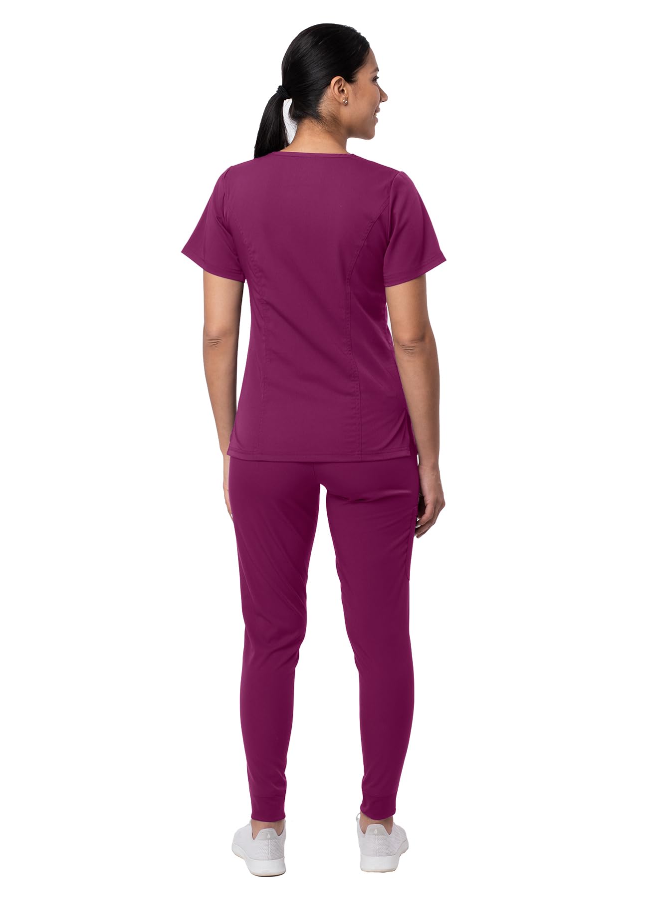 Adar Pro Flawless Plus Scrub zestaw dla kobiet - podwyższony top z dekoltem w serek i spodnie dresowe, winny, XXL