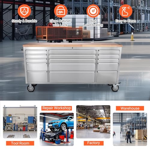 GarveeTech 72" Heavy-Duty Rolling Tool Chest & Workbench with 15 Drawers, Steel Rubber Wood Top on Wheels, Key Locking System, Drawer Liners for Garage Warehouse Repair Shop, Black Storage Cabinet. - Image 6