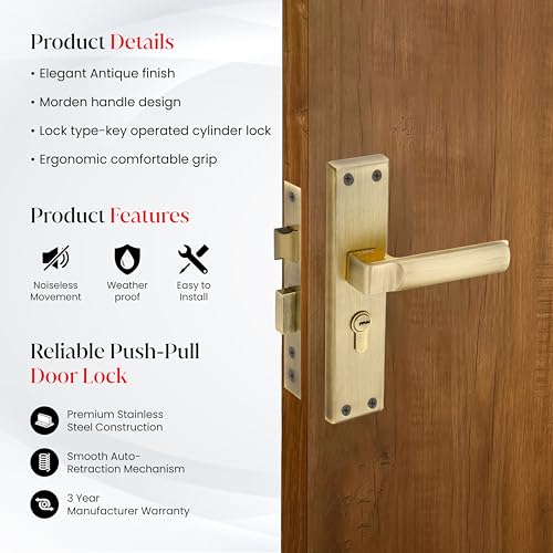 Image of LAPO Door Lock System for Main Door | 45x45mm Lock Body | 60mm Cylinder | Dual Side Door Compatibility | Suitable for 30-50mm Door Thickness | 3 Brass Keys | Antique Finish | 3 Years Warranty | CY-307