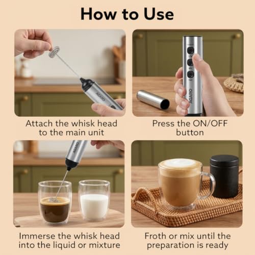 Image of AGARO Regency Rechargeable Milk Frother, 3-Speed Handheld Electric Whisk with Stainless Steel Cover, Portable Mixer for Coffee, Lattes, Hot Chocolates, Shakes & Egg, Home & Office Use, Stainless Steel