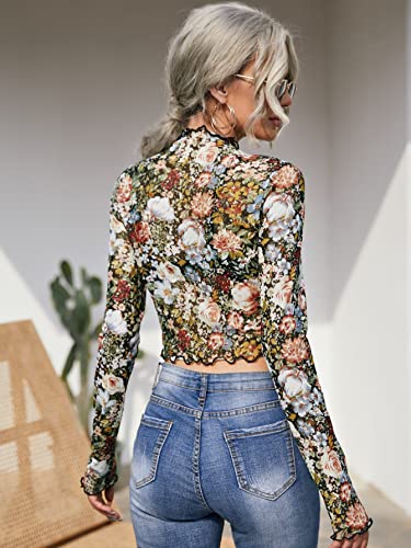 Floerns Women's Long Sleeve See Though Sheer Mesh Crop Tee Tops2