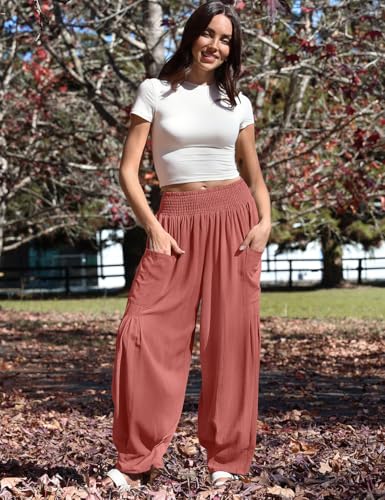 Image of TARSE Women's Linen Wide Leg Pants Baggy High Waist Palazzo Pants | Barrel Leg Fit, Harem Patch Pockets, Loose Casual Style, Breathable Fabric, Vacation Ready