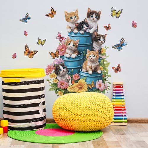 Vinilos Decorativos Kittens con Mariposas y Flores miniatura 4