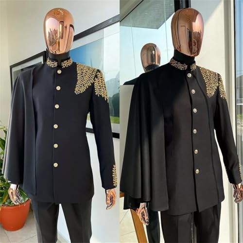 African 3 Piece Suit for Men Embroidered Tuxedo Set Slim Fit Prom Graduation Party Jacket Pants with Detachable Cape2