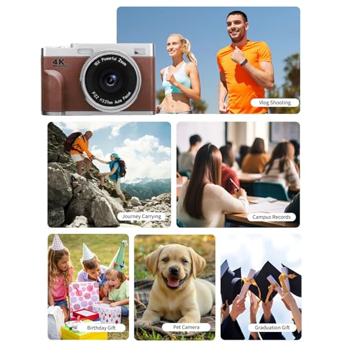 Fockety Fotocamera Digitale 4K, Autofocus da 48 MP 16x Zoom da 2,8 Pollici Screen Telecamera Viaggio Compatta con Scheda, Fotografie Video Vlogging Principianti (BROWN)