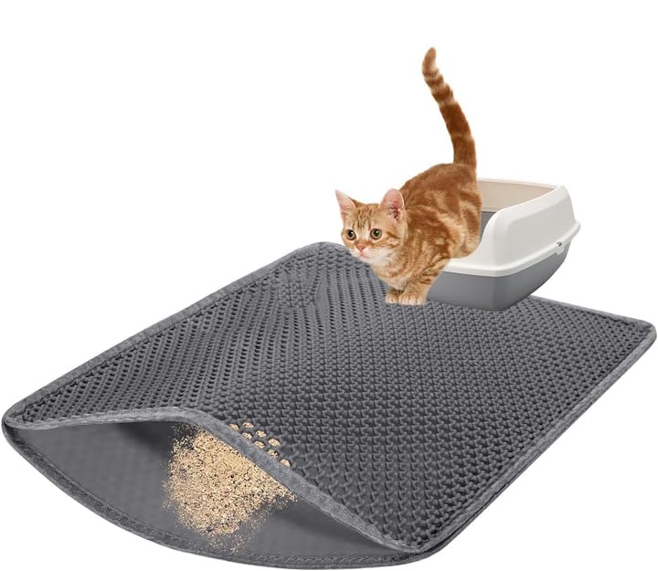PCYIS 23.6” x15.7” Cat Litter Mat, Litter Trapping mat, cat mat for Litter Box, cat Litter mat Small, Honeycomb Double Layer Design, Waterproof & Urine Proof, Scatter Control, Non-Slip, Grey, 1 Pack