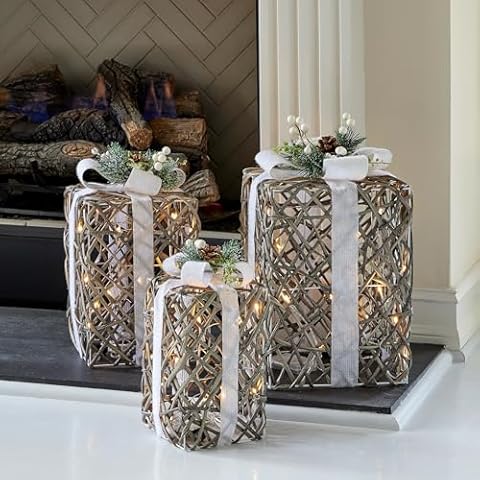 Seasonal LLC Artificial Rattan Giftbox Set Pre-Lit Set of 3 | LED Lights are Energy-efficient and Long Lasting | for Indoor or Outdoor Display Cover