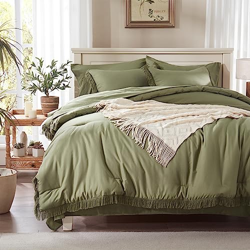 Anluoer Queen Comforter Set - Olive Green Tassel Boho Bed