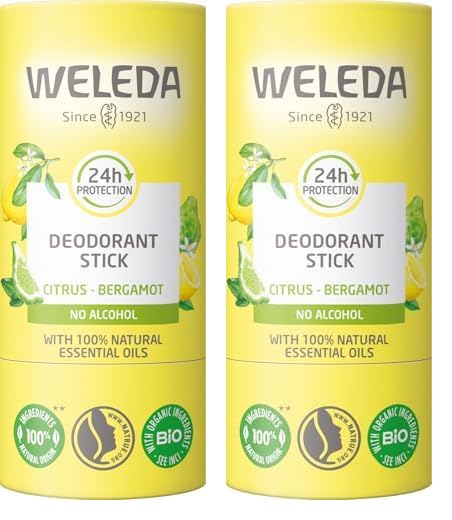 WELEDA Bio 24h Deo Stick Citrus & Bergamotte – Naturkosmetik Deodorant mit frischem Zitronen Duft. Natürlicher Deostick schützt 24h zuverlässig vor Körpergeruch ohne Aluminiumsalze (vegan, 50g)