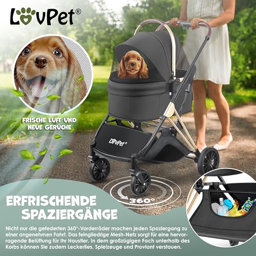 LOVPET® Hundewagen 3in1 Hundebuggy bis 20kg Hundebox Transporttasche faltbar klappbar Große Räder Netzfenstern Regenschutzabdeckung Getränkehalter Kuscheldecke Katzenbuggy Jogger Buggy für Haustiere