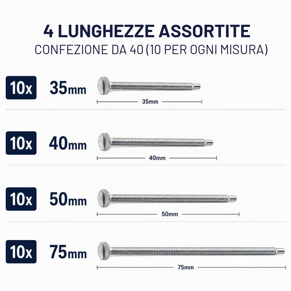 Set di 40 viti miste M3,5 da 35 mm, 40 mm, 50 mm e 75 mm di lunghezza, abbinate per interruttore e presa di corrente, zincate lucide, testa scanalata