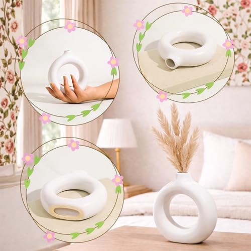 Image of Modern Matte White Ceramic Donut Vase - Minimalist Hollow Round Decorative Vase for Living Room, Bedroom, Office & Table Decor, 5x5.1 Inch