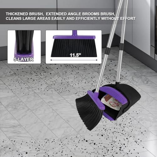 Image of UDUK Broom with Dustpan Combo Set, 51 inch Household Dustpans and Broom, Standing Dust Pan Set for Home, Purple Cleaning Set for Kitchen Lobby Indoor Outdoor