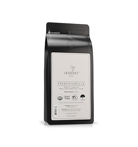 Lifeboost Café de grano entero de vainilla francesa  Café orgánico de origen único bajo en ácido sin OMG  Probado por terceros para micotoxinas y