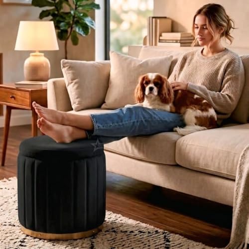 Image of Superior Round Storage Ottoman Stool 13 X 13X 16 inch, with Gold Metal Base | Elegant Pouffe with Secret Storage | Cushioned Footrest for Living Room, Bedroom, and Lounge Black