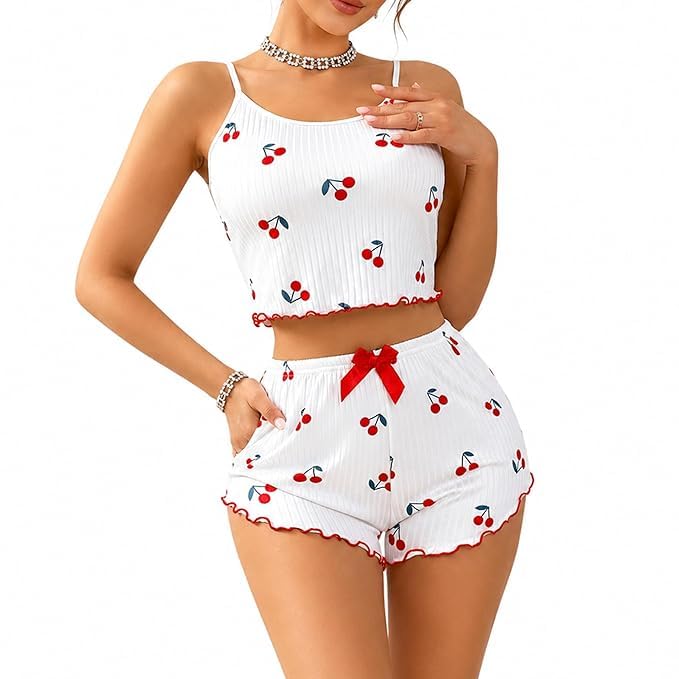Westonwings Women's 2 Piece Butterfly Print Pajama Set, Ribbed Cami Crop Top & Drawstring Shorts, Soft Summer Sleepwear Lounge Set (Free Size)-image-8