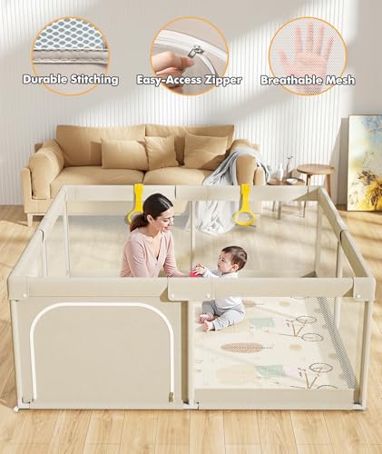 Image of Mloong Baby Playpen with Mat - 59x59 Inches Extra Large Playpen for Babies and Toddlers, Indoor & Outdoor Activity Center, Safety Baby Fence