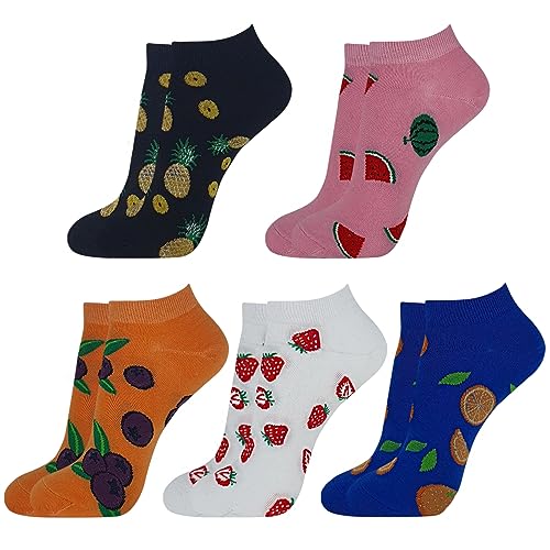 Image of KONY Women's Cotton Ankle Socks, Fun Novelty Patterns, 5 Pairs | 86% cotton, low cut fit, colorful designs, stocking stuffer, birthday gift, Christmas gift, women & teen girls, size 5-10