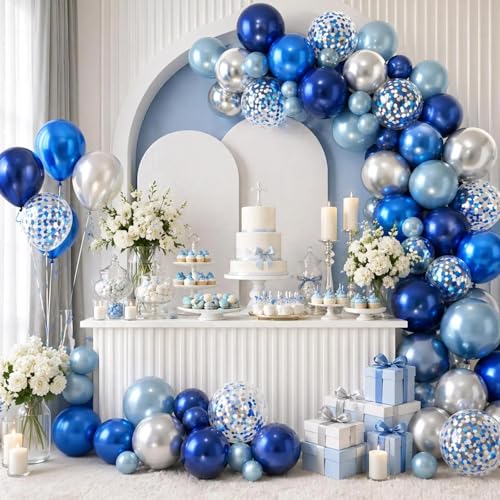 Image of Blue and Silver Balloons, 12 Inchs Navy Blue Metallic Silver Blue Pearl Confetti Balloons for Birthday Graduation Baby Shower Wedding Retirement Space Theme Party Supplies
