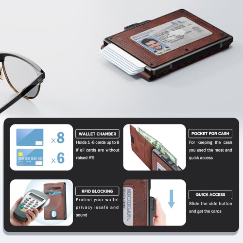 Image of umoven Wallet for Men - Pop Up Case, Cash Slot, and Credit Card Slot - Slim Aluminum Wallet with RFID Blocking, Minimalist Leather Wallet Front Pocket with ID Window (Reddish brown)