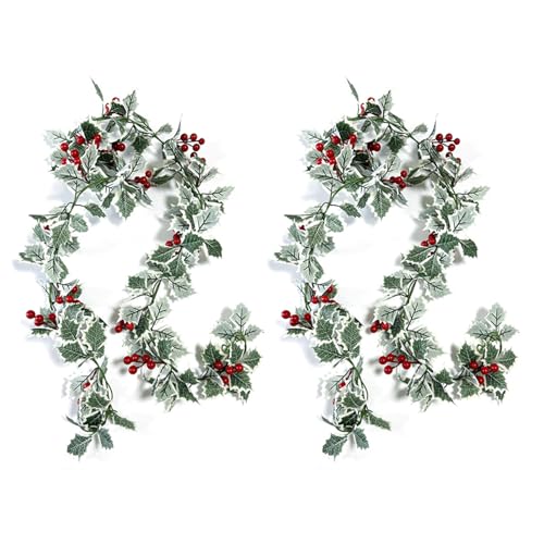 TYXHXTF 2PCS Guirnalda Navidad, Guirnalda de Navidad Artificial Bayas Rojas y Hojas, Acebo Artificial Guirnalda, Guirnalda NavideñA para Escaleras, Chimenea, Puerta, Decoración de Interior/Exterior