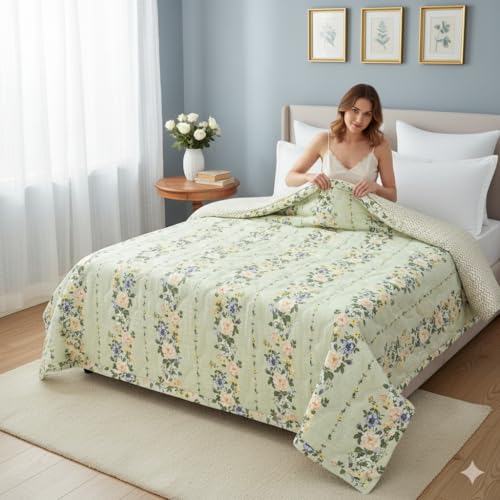 Image of IVAZA Luxury Ultrasonic Punch AC Comforter Blanket - Quilted Microfiber Floral Pattern, Lightweight Breathable All‑Season Blanket for Bedroom, Travel (Singled Bed,228x152 CM) (Light Pastel Green)