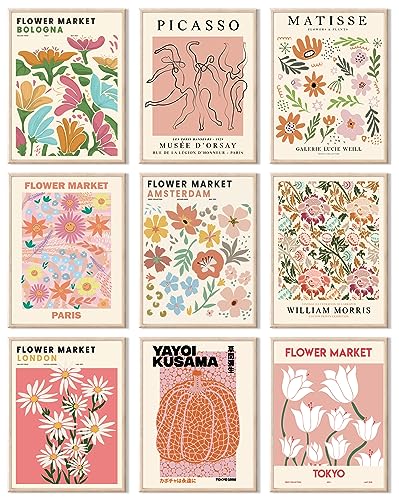Flower Market Posters Minimalist Flower Market Wall Art Prints, Matisse Prints Picasso Yayoi Kusama William Morris Wall Art Danish Pastel Room Decor, for Bedroom, Living Room, Gallery | 8"X10"
