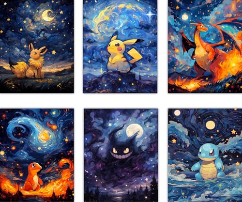 Image of Gearock 6 Pack Anime Diamond Painting Kits for Adults, Starry Night 5D DIY Full Drill Beginners Cartoon Diamond Art Kits for Anime Lovers Room Bedroom Living Room Bathroom Wall Decor 12x16 Inch