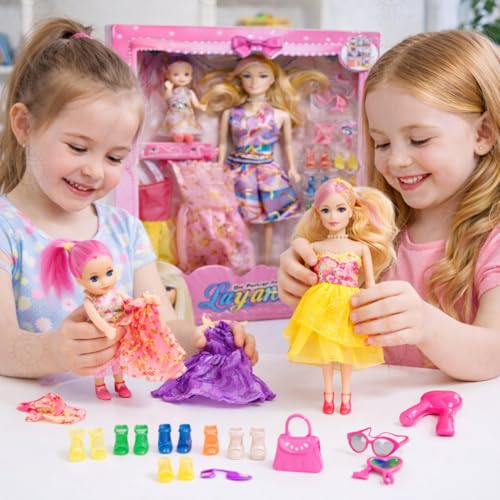 Image of SHAKTISM Doll Set for Girls with Makeup, Dress, Accessories, Wardrobe Closet, Hangers, Necklace, Multicolor, 3 Years and Up (Layana Doll with Babby)