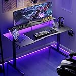 GTRACING 55 Inch Gaming Desk with LED Lights & Power Outlet, Computer Gamer Desk with Monitor Stand, Ergonomic Carbon Fiber Gaming Table Home Office Desk with Headphone Hook & Mouse Pad - Image 2