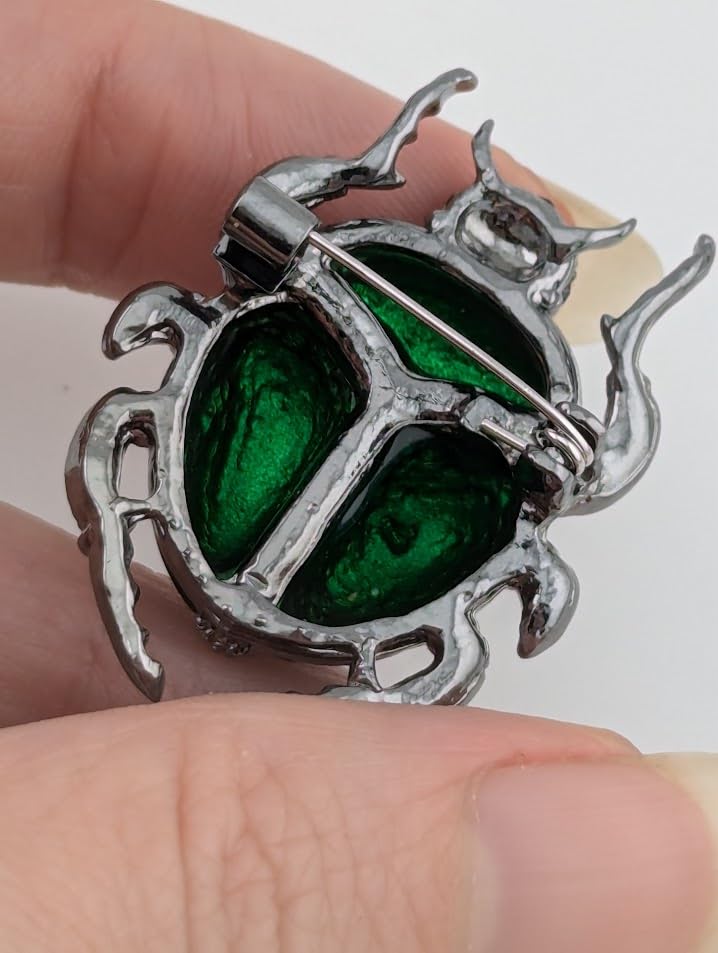 Image of Iridescent Glass Scarab Beetle Brooch deep green & gunmetal color insect pin Egyptian Revival