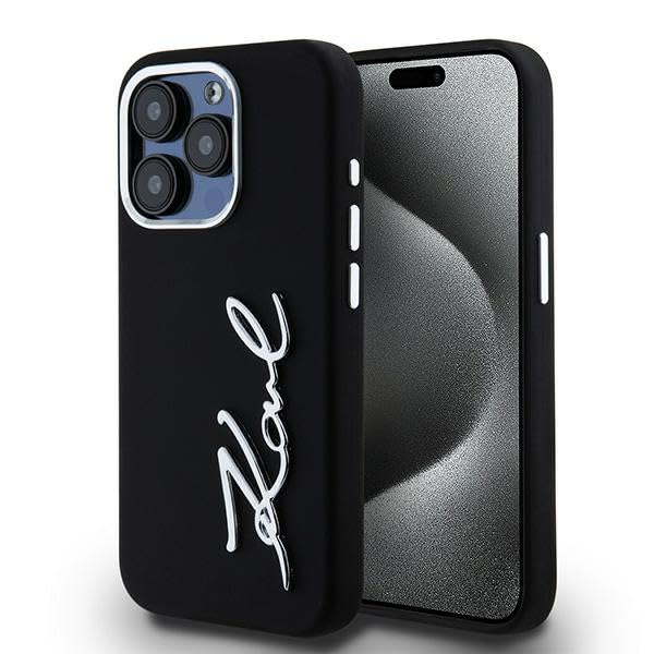 CG Mobile Karl Lagerfeld KLHCP15LSCMSMVK Coque pour iPhone 15 Pro 6,1" Noir Coque Rigide en Silicone avec Logo Script métallique