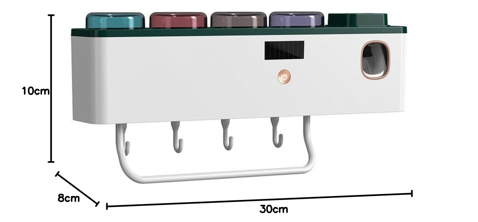 LANMOU Porta Cepillo de Dientes Pared, Dispensador Pasta Dientes Desinfectante para Cepillos de Dientes con UV Soporte para Cepillo Dientes Dispensador Automático Pasta de Dientes con Gancho y Tazas