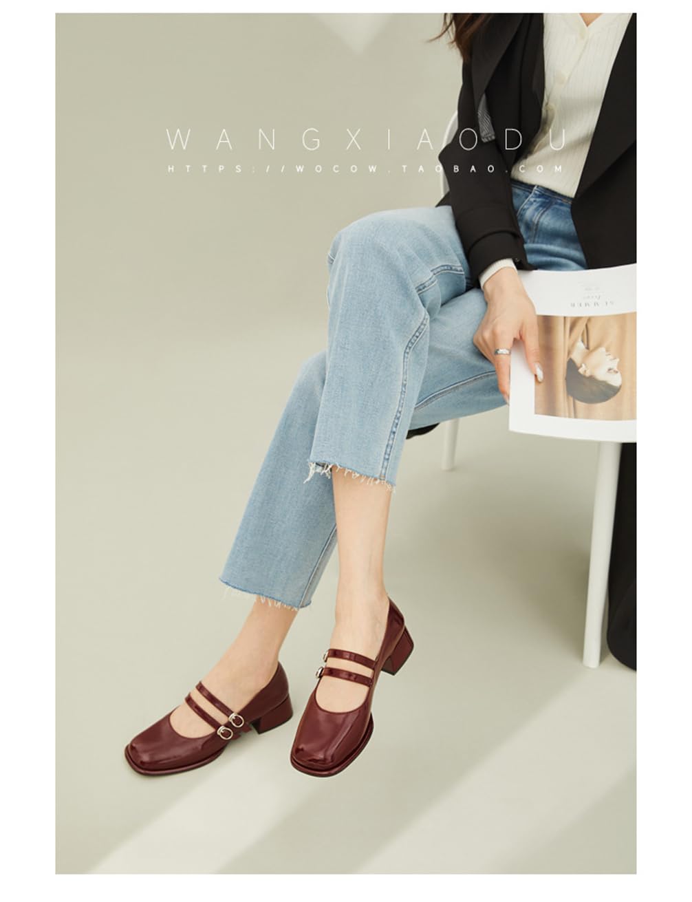 Mary Jane Zapatos Mujer Viento Colegio Retro Moda Cabeza Redonda una Palabra con un Tacón Grueso Tacón Medio Alto