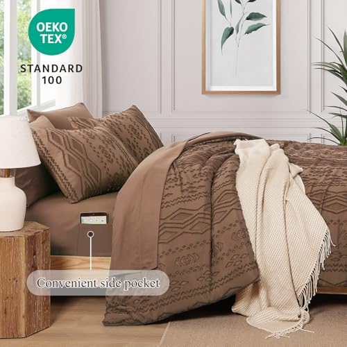Image of AMBERSPACE King Size Comforter Set Brown, Tufted Farmhouse Bedding Boho Bed Set, All Season 7 Pieces Bed in a Bag with Sheets, Pillowcases & Shams