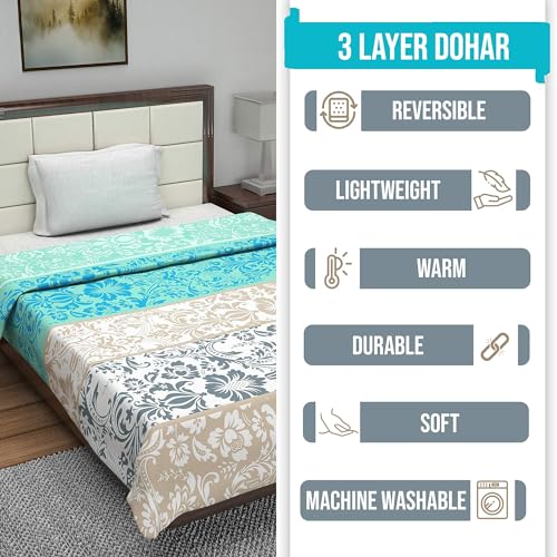 Image of Divine Casa 120 GSM Dohar Single Bed Cotton Reversible Quilt AC Blanket for Winter Soft Light-Weight Bed Razzai - Pack of 1 (Blue and Grey, 140 x 210 CM)