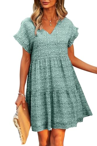 Joligiao Vestido Midi Floral para Mujer Vestido de Playa de Manga Corta Vestido Casual Diario de Gasa con Cuello en V Y Volantes Florales Vestido Corto de Verano Verde XL