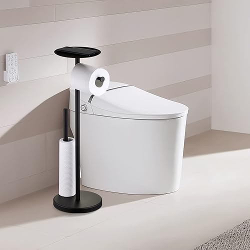 Miniatura 9 de Soporte de rollo de papel higiénico de pie con reserva de almacenamiento, Soporte de papel higiénico dorado cepillado con estante, Soporte de piso