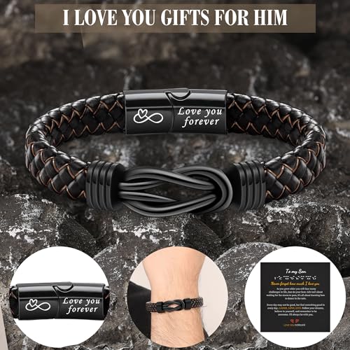 I Love You Gifts for Him Leather Bracelet for Men Knot Infinity Bracelets Valentines Day Gift for Husband Boyfriend Dad Son Grandson Anniversary Birthday Jewelry Graduation Gifts for Him 2024