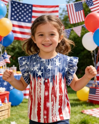 Image of Toddler Girls July 4th Shirts American Flag Ruffle Short Sleeve Patriotic Red White Blue Star Outfits Blouse Tops