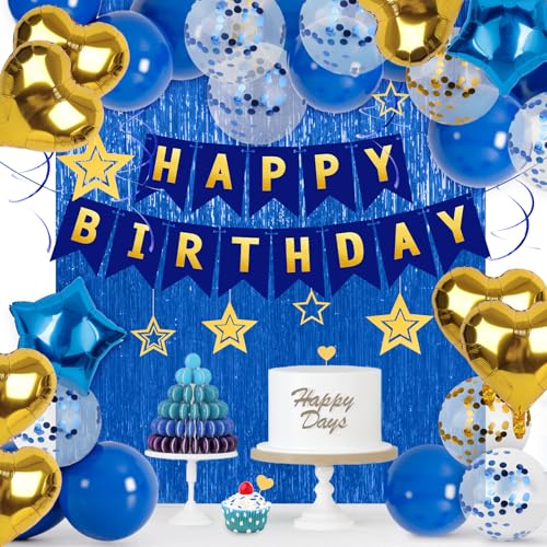 Amor Present HAPT2438 Birthday Party Decorations, Dark Blue Gold Confetti Balloons Happy Birthday Banner Fringe Curtain Hanging Swirls cover