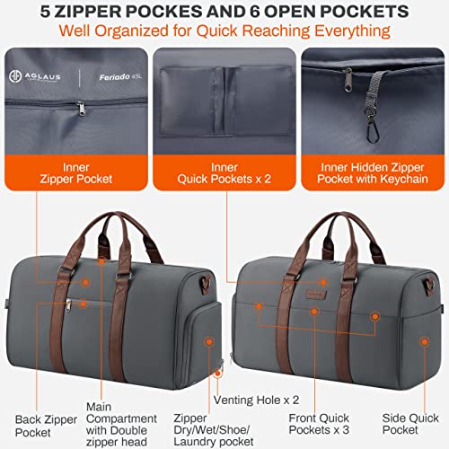 Feriado 45L Travel Duffel Bag - Water Repellent 1680D Ballistic Polyester - Weekender, Overnight, Gym, Carry On Luggage with Shoe Compartment - Grey/Brown2