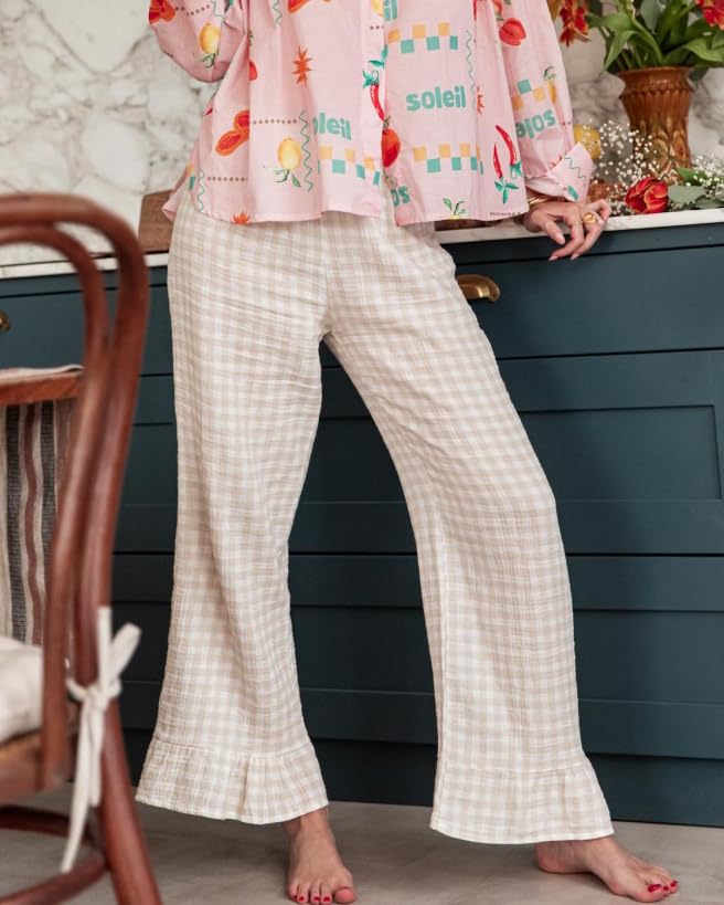 Womens Gingham Pants Wide Leg Lounge Pants Y2k Plaid Print Ruffle Hem Loose Trouser4