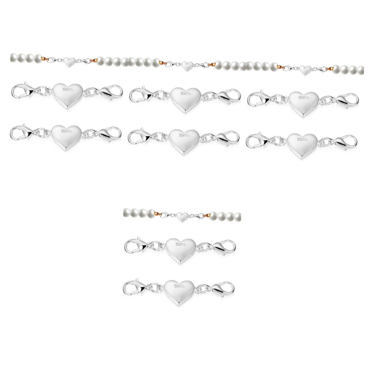 HOODANCOS Magnetic Necklace Clasps Heart-Shaped 935 Silver Jewelry Clasps Necklace Extender Connectors for DIY Chain Repair Set of 8 Easy-to-Use
