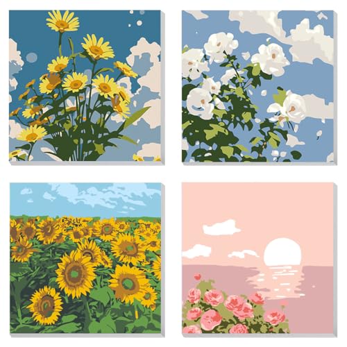 Image of HASTHIP 4PCS DIY Oil Painting Kit by Numbers with Frames, Wall Art for Adults & Kids, 7.8x7.8 Inch Canvas, Painting Tools, Vibrant Home Decor, Craft Kit Gift Set
