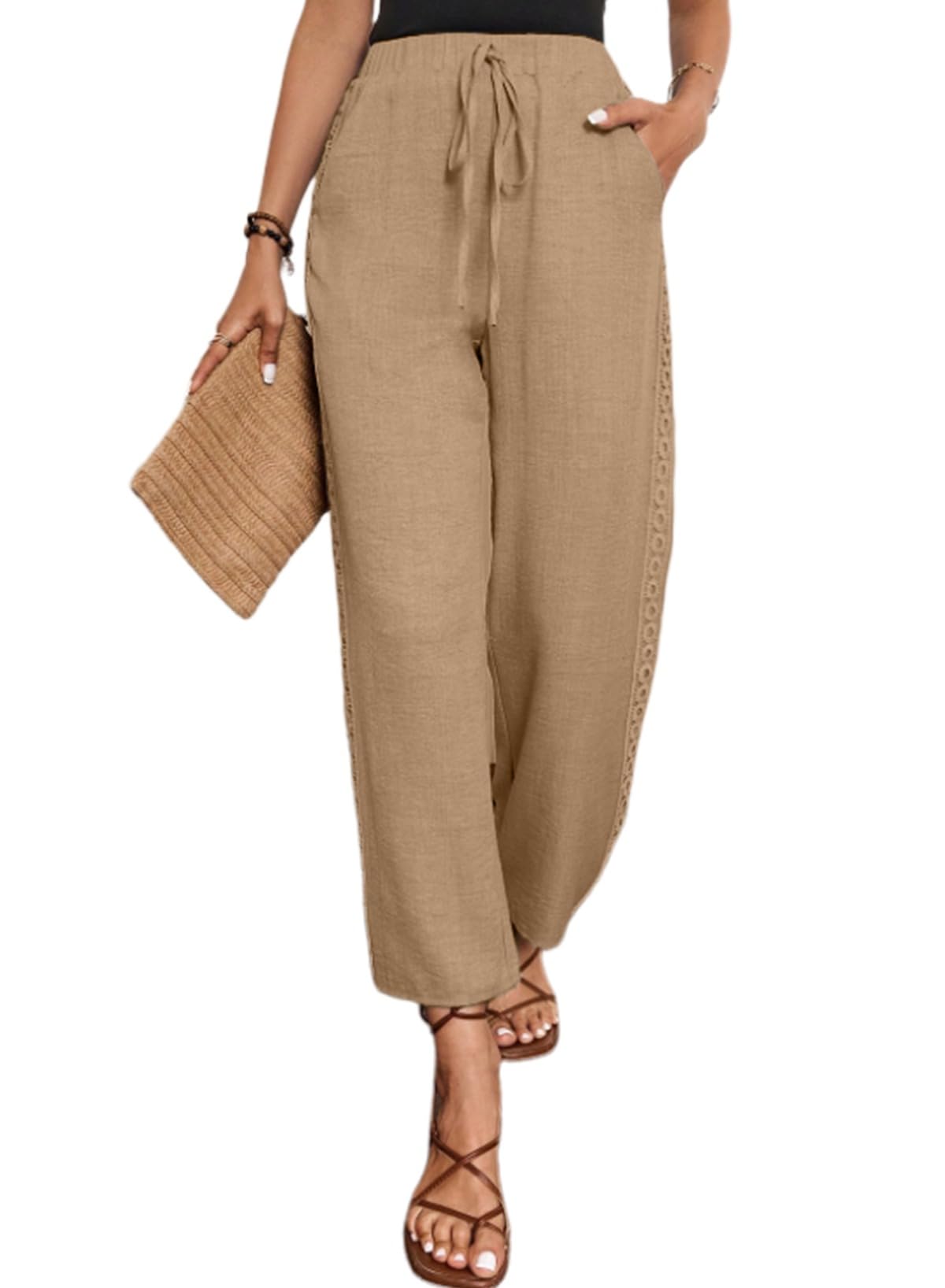 Acelitt Women Casual Lightweight Drawstring Elastic Waist Ankle Pants with Pockets S-XXL