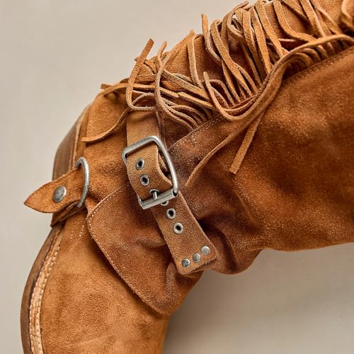 Yolkomo Over The Knee Cowboy Boots for Women with Fringe Buckle Belts Chunky Heel2