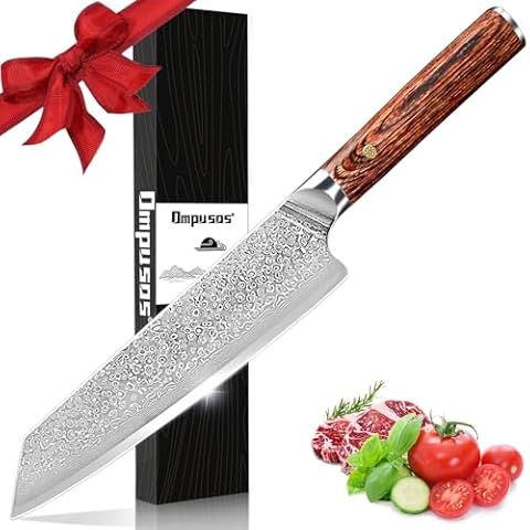 Ompusos Chef Knife 8 Inch, Super Sharp Pro Japanese Kitchen Knives, Damascus Chefs Knife VG-10 High Carbon Stainless Steel, Ergonomic Wooden Handle Cooking Knife, Gift Box for Family & Restaurant Cover