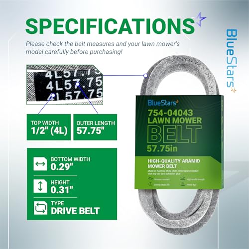 Image of BlueStars 754-04043 Drive Belt | Aramid Cord | 1 /2 inch x 57.75 inch | Fits Cub Cadet 954-04043A RZT 50 RZT42 RZT54 Troy Bilt Mustang XP Colt XP MTD 754-04043B 954-04043 754-04043A Lawn Mower
